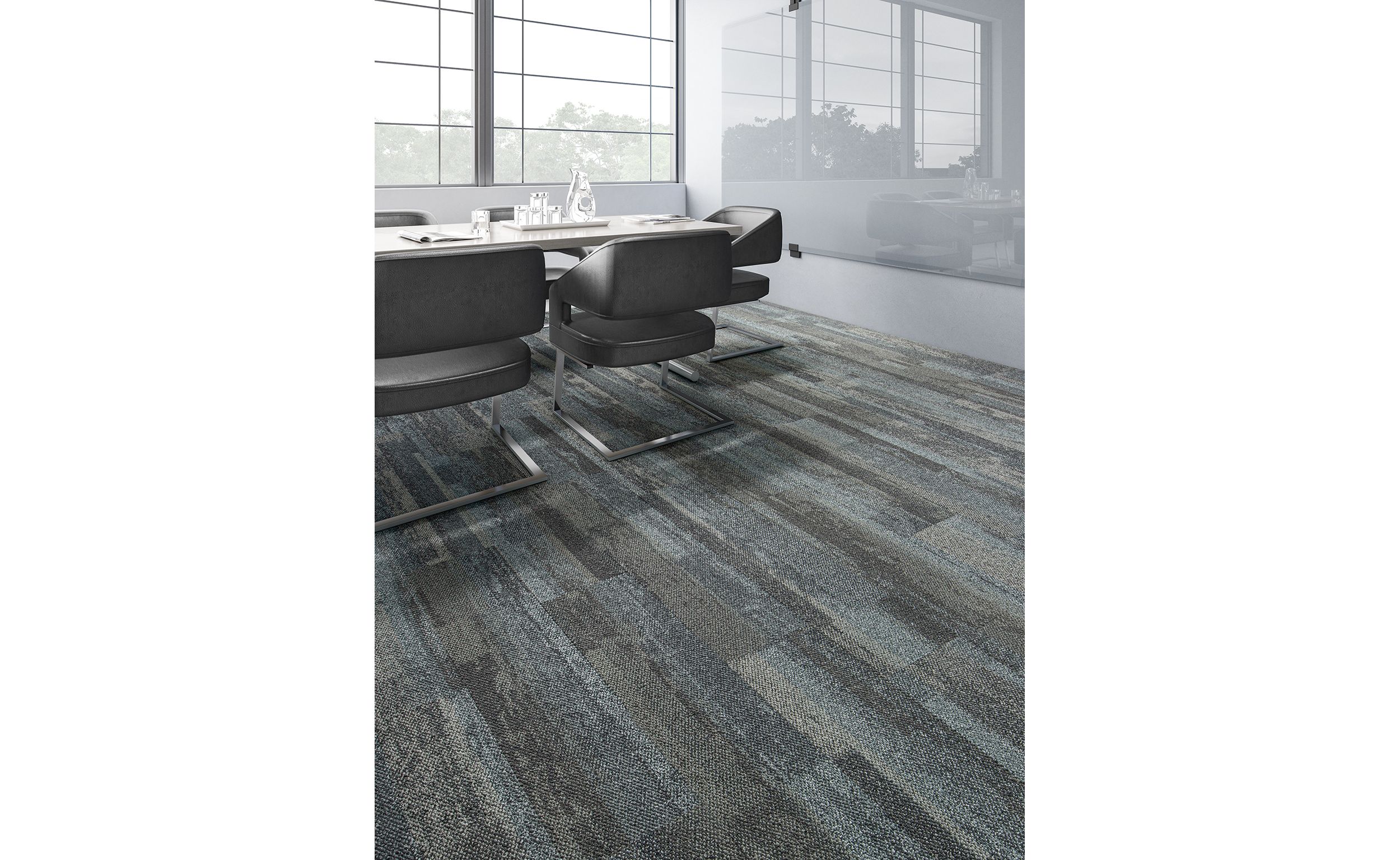 Interface Naturally Weathered plank carpet tile in office meeting room with reflection of natural light through windows image number 8